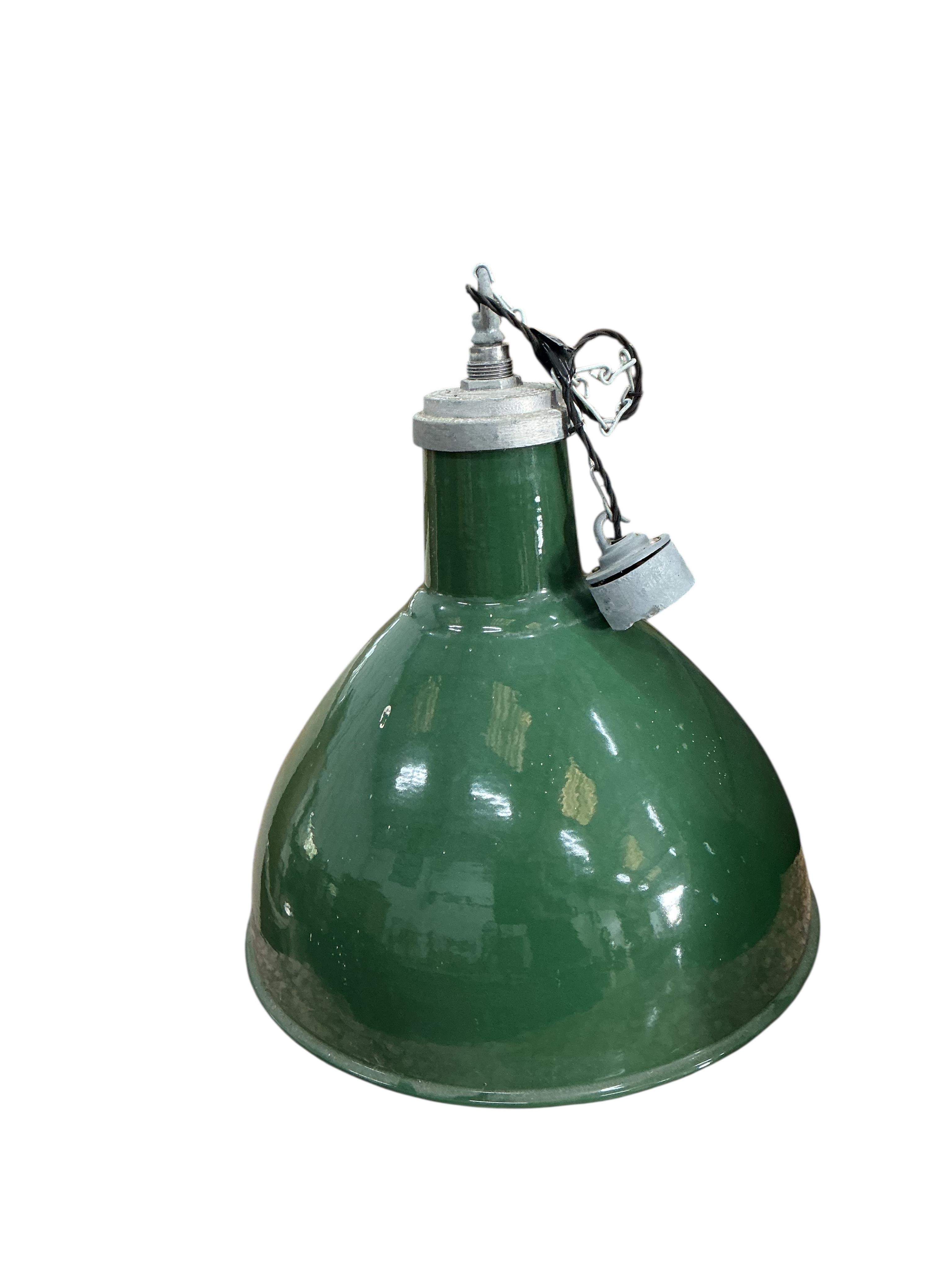 A pair of vintage green industrial style ceiling shades, diameter 48cm, height 40cm